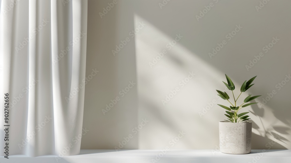 A cozy bathroom with a shower curtain, neatly arranged toiletries, and a small potted plant, with copy space, high-resolution photo, realistic photo A cozy bathroom with a shower curtain, neatly arranged toiletries, and a small potted plant, with copy space, high-resolution photo, realistic photo