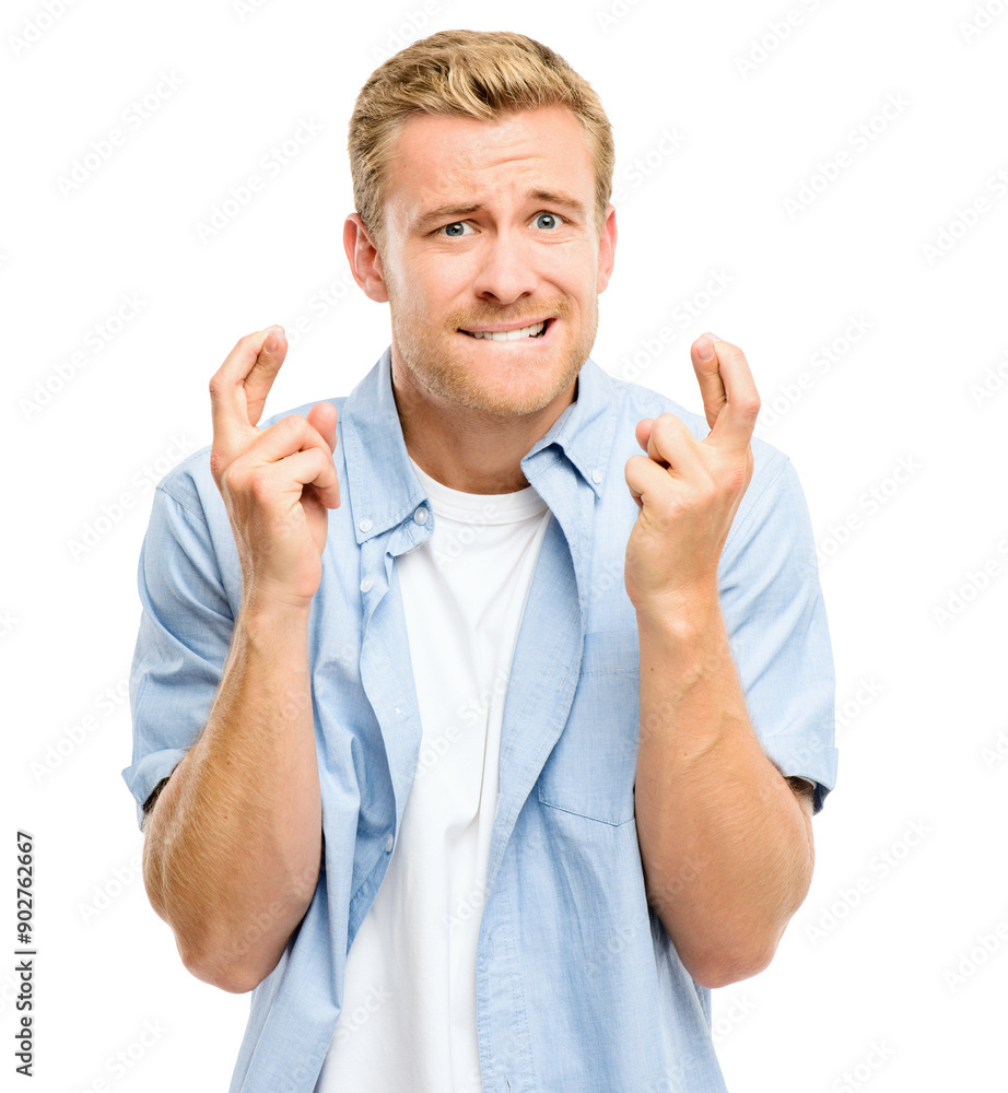 Hope, fingers crossed and portrait of man in studio for winning, excited or luck for bonus. Emoji, gesture and person with hand sign for competition, good news and promotion on white background Hope, fingers crossed and portrait of man in studio for winning, excited or luck for bonus. Emoji, gesture and person with hand sign for competition, good news and promotion on white background