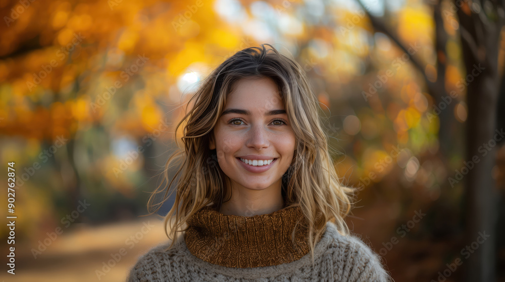 Beautiful Young Woman Smiling in Autumn Nature with Warm Sweater Beautiful Young Woman Smiling in Autumn Nature with Warm Sweater