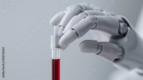 A close-up of a robots hand performing a blood draw with minimal discomfort to the patient, with copy space, high-resolution photo, realistic photo photo