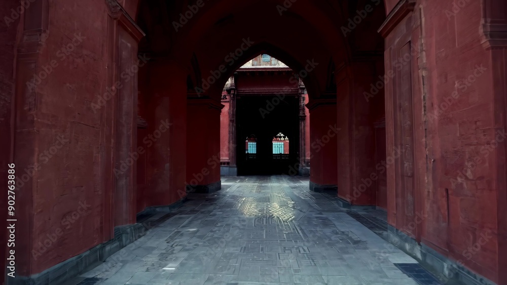 Ancient corridor under the arches with red Ancient corridor under the arches with red