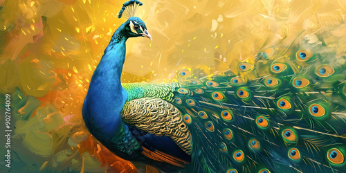 A stunning peacock displaying its vibrant feathers against a rich and colorful abstract background.