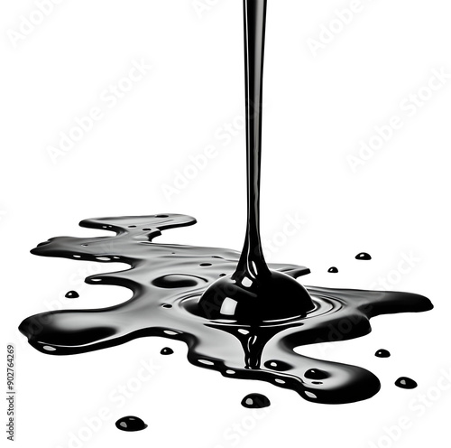Black oil spill puddle flowing on white background