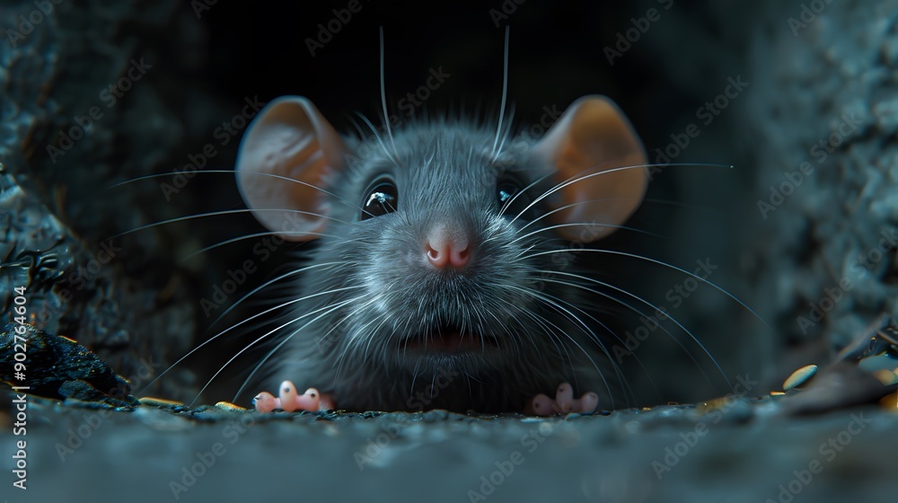 Curious gray rat, peeking from corner, gray concrete wall, macro shot, dark moody background, whiskers in focus, pink nose, shiny eyes, soft fur texture, urban wildlife. Curious gray rat, peeking from corner, gray concrete wall, macro shot, dark moody background, whiskers in focus, pink nose, shiny eyes, soft fur texture, urban wildlife.