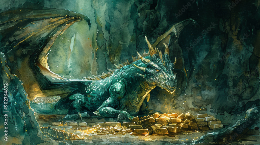 A green dragon laying on a pile of gold A green dragon laying on a pile of gold