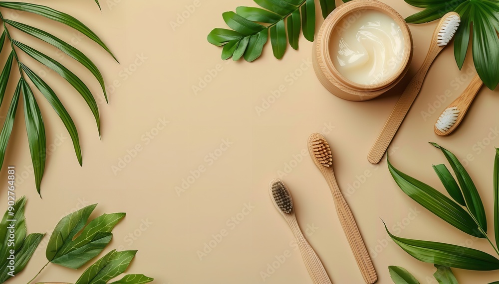 Top perspective of a timber vase with toothpaste and toothbrushes and dental floss with plant leaves set on a beige backdrop with blank space for an advert, Generative AI. Top perspective of a timber vase with toothpaste and toothbrushes and dental floss with plant leaves set on a beige backdrop with blank space for an advert, Generative AI.