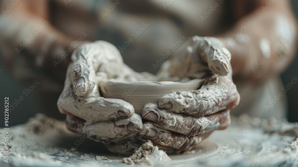 A detailed view of hands engaged in the craftsmanship of pottery, molding clay with skill and patience on a wheel, illustrating the artistry and hands-on approach required. A detailed view of hands engaged in the craftsmanship of pottery, molding clay with skill and patience on a wheel, illustrating the artistry and hands-on approach required.