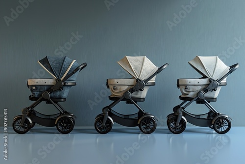 Stylishly designed trendy trio of stroller pushchair carrier on tyres for infants including all the necessary maintenance materials and blank copy space for promotion, Generative AI. photo