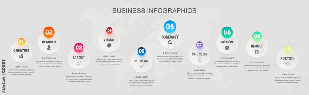 Business infographics to visually represent data and information. Can be used to convey complex ideas in a simple and easy-to-understand format for graphics, diagram, presentation with ten steps Business infographics to visually represent data and information. Can be used to convey complex ideas in a simple and easy-to-understand format for graphics, diagram, presentation with ten steps