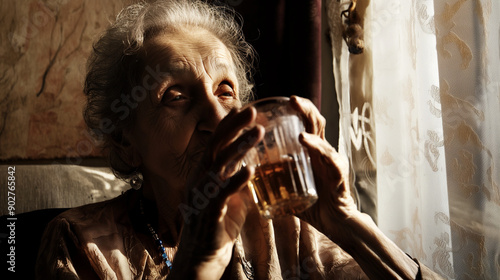 a Czech senior woman drinks a drink