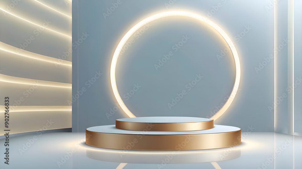 Fototapeta premium Abstract shine silver cylinder pedestal podium. Sci-fi white empty room concept with semi circle glowing neon lighting. Vector rendering 3d shape