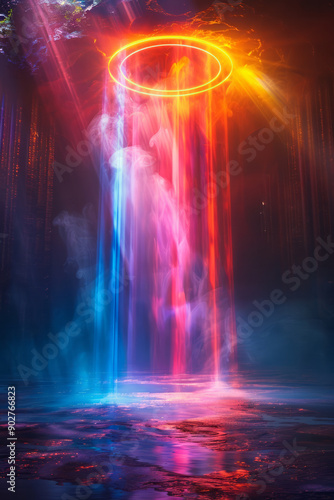 Elegant depiction of neon light rings hovering in a dark space, radiating vibrant colors,
