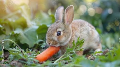 A baby rabbit nibbling on a carrot, soft morning light