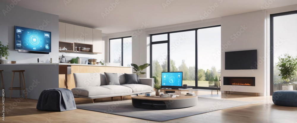 illustrate the concept of the Internet of Things with an image of a smart home, featuring various connected devices and appliances, shot from a low angle with a wide-angle lens illustrate the concept of the Internet of Things with an image of a smart home, featuring various connected devices and appliances, shot from a low angle with a wide-angle lens