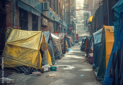 A row of improvised shelters made from discarded materials in a narrow alleyway, highlighting the struggle of urban homelessness photo