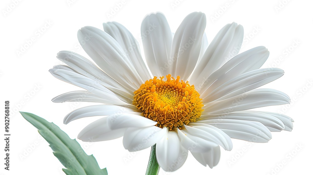 Naklejka premium Single white daisy flower, vibrant yellow center, green stem and leaves, macro photography, high detail, crisp focus, soft white background, botanical illustration, fresh and delicate.