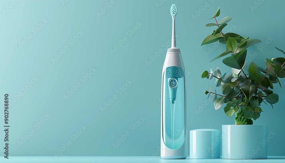 Dentistry present kit item flosser and irrigator for oral health on a mild blue backdrop with text-editable flank areas, Generative AI. Dentistry present kit item flosser and irrigator for oral health on a mild blue backdrop with text-editable flank areas, Generative AI.