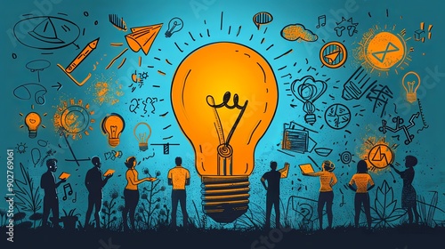 vector, illustration, Brainstorming office team with new idea generating process tiny person concept, transparent background. Creative and innovative marketing discussion and conversation illustration