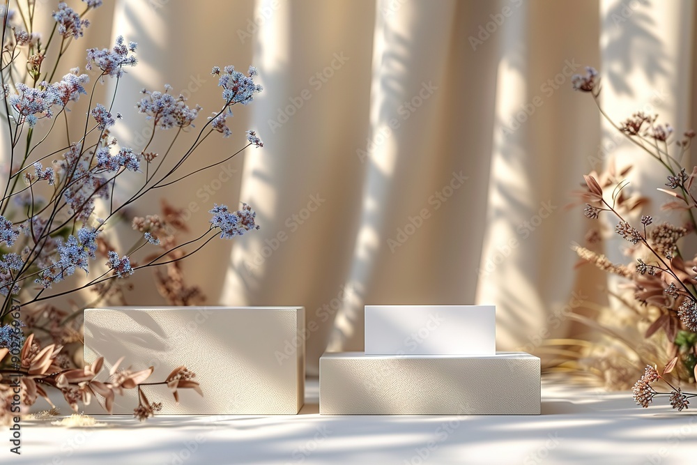 Two white boxes with a white card inside, placed on a table next to a curtain Two white boxes with a white card inside, placed on a table next to a curtain
