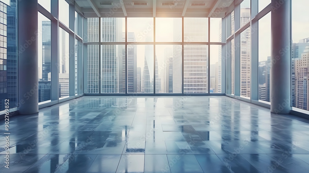 Fototapeta premium Empty commercial business office interior space view in urban city downtown