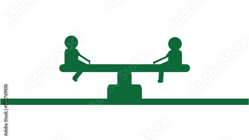 Cartoon stick figures man sitting on seesaw on white background.