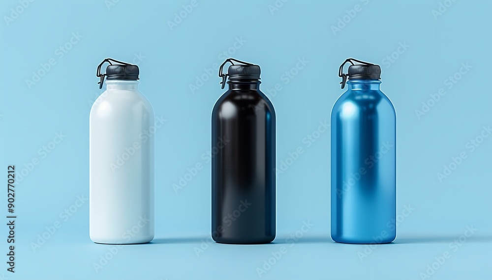 Multicoloured water container recyclable mock-up standalone on a stark blue backdrop with extensive space for writing for advertising the item, Generative AI. Multicoloured water container recyclable mock-up standalone on a stark blue backdrop with extensive space for writing for advertising the item, Generative AI.