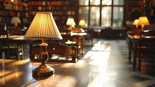 Empty corner of the beloved central library in city center focus on the lamp at the desk hoirzontal pan photo