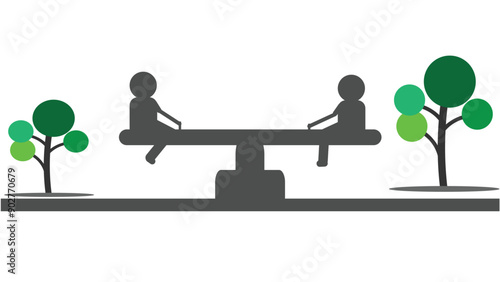 Cartoon stick figures man sitting on seesaw on white background.