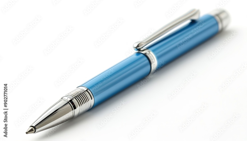Elegant blue ballpoint pen solitary on a stark white backdrop with sufficient space for merchandise placement, Generative AI. Elegant blue ballpoint pen solitary on a stark white backdrop with sufficient space for merchandise placement, Generative AI.