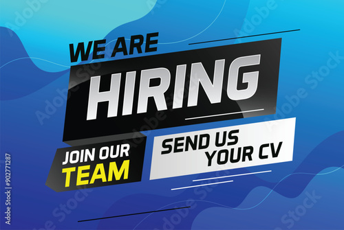Hiring recruitment design for banner poster. We are hiring lettering with geometric shapes lines. Vector illustration typographic. Open vacancy design template

