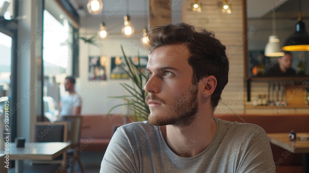 Fototapeta premium Thoughtful Young Man Gazing in Cozy Cafe Setting