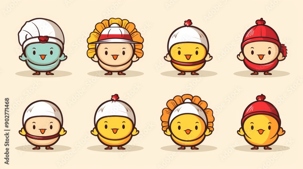 Set of 8 vector kawaii turkeys, isolated white background, different camera angles, all parts are sharp Set of 8 vector kawaii turkeys, isolated white background, different camera angles, all parts are sharp