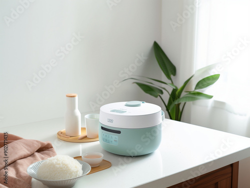 An electric rice cooker on a dining table in a sunlit room