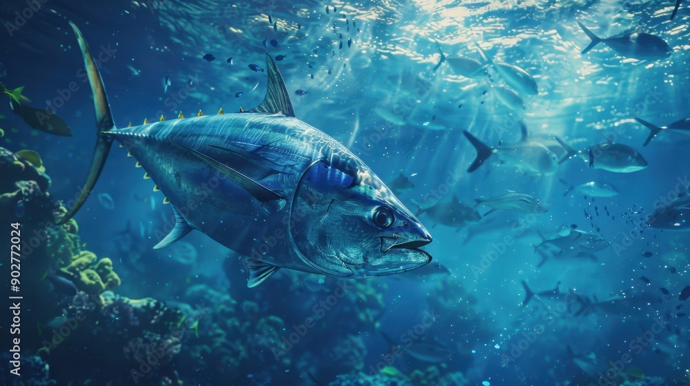 Fototapeta premium Large tuna fish swimming in ocean with school of fish