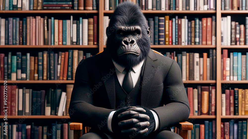 Portrait of a serious gorilla in a black suit and a black shirt Portrait of a serious gorilla in a black suit and a black shirt