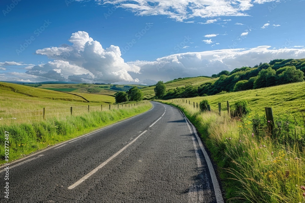 Naklejka premium A quiet rural scene with a long, straight country road in the midst of a vast open field