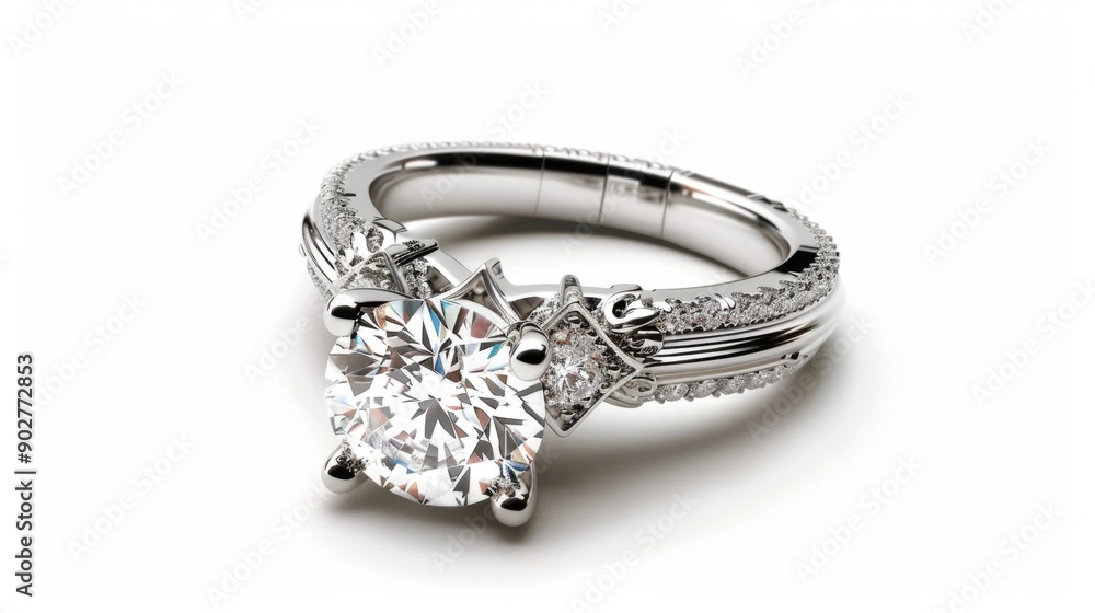 Diamond Engagement Ring on White Background.