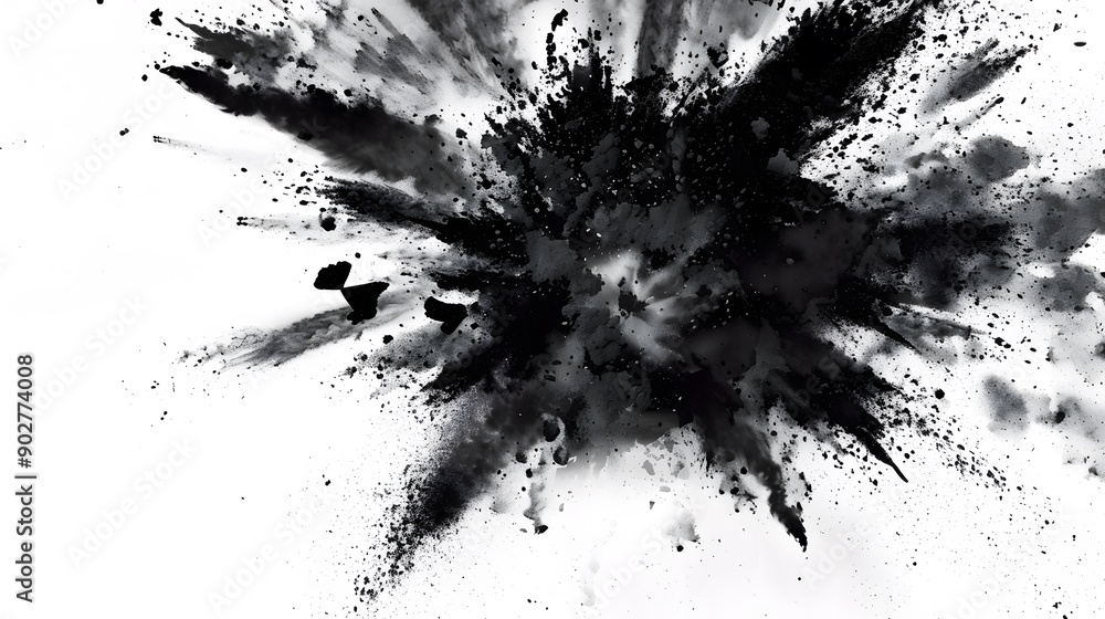 Dynamic black powder explosion in monochrome on white background, dramatic abstract art Dynamic black powder explosion in monochrome on white background, dramatic abstract art