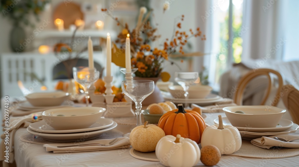 Festive Thanksgiving Dinner Table Setting with Pumpkins and Candles Festive Thanksgiving Dinner Table Setting with Pumpkins and Candles