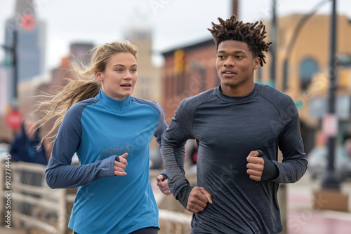 A photo of a young couple jogging in an urban environment. The couple is in mid-stride and wearing athletics gear. Jogging and fitness concept.