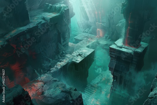 Ancient alien ruins in a flooded underground chamber photo