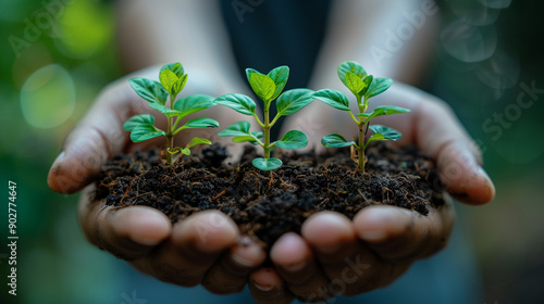 A person is holding three small plants in their hands
