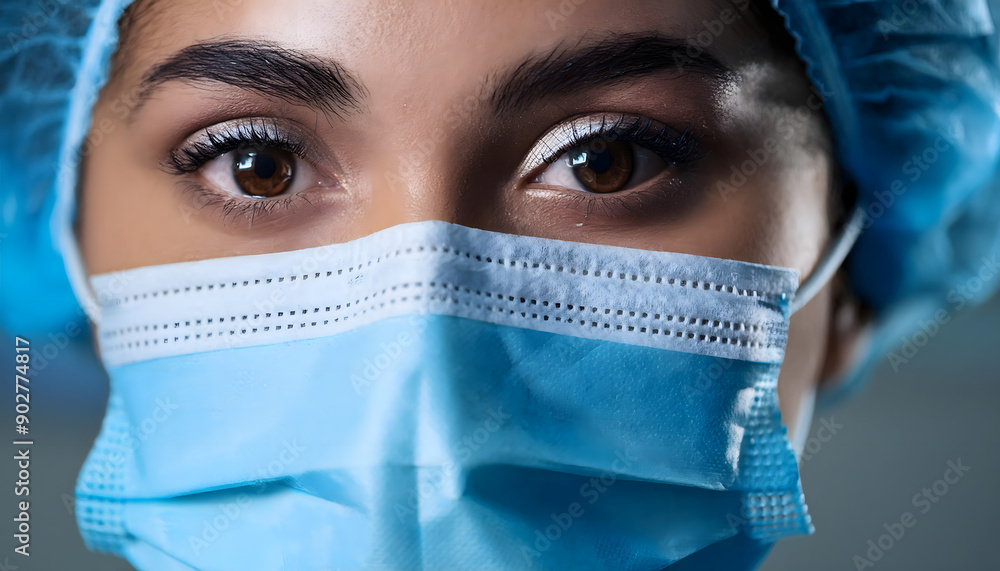 Close-up portrait of female surgeon in blue scrubs, medical mask, head cap, focused expressive Close-up portrait of female surgeon in blue scrubs, medical mask, head cap, focused expressive