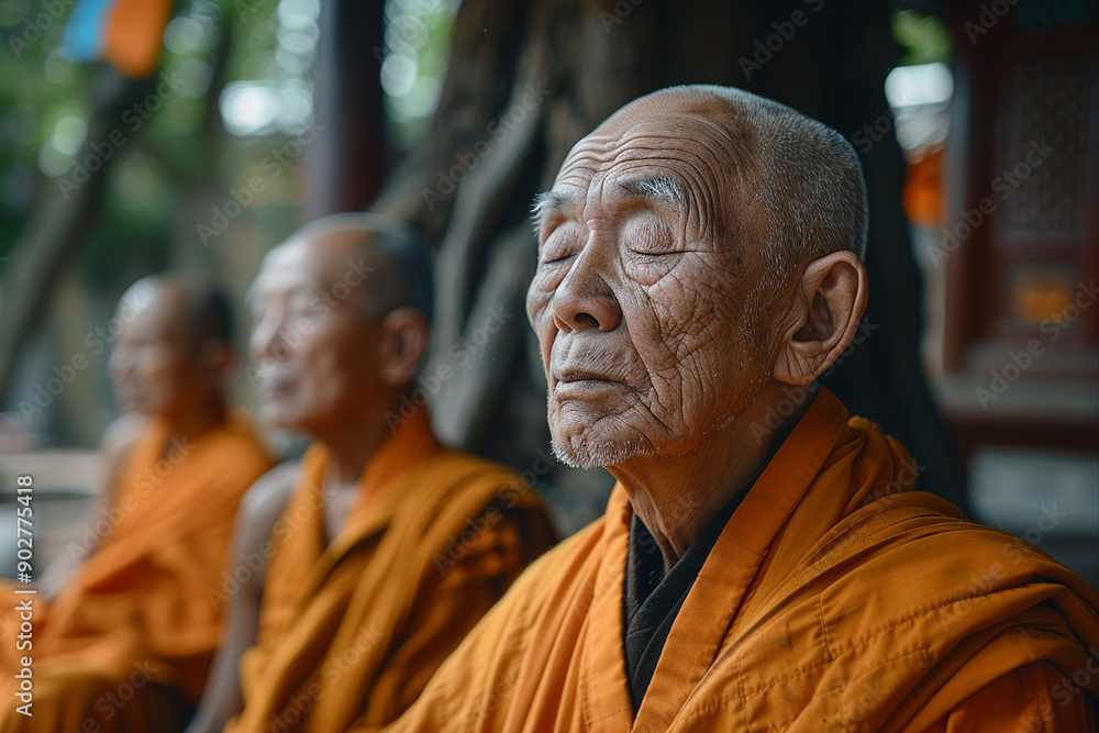 Buddhism concept Generative AI picture with people doing yoga in nature feel connection with buddha Buddhism concept Generative AI picture with people doing yoga in nature feel connection with buddha