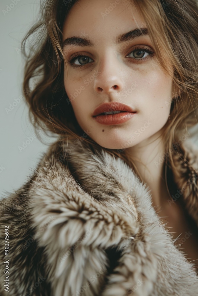 A woman wearing a luxurious fur coat strikes a pose for the camera A woman wearing a luxurious fur coat strikes a pose for the camera