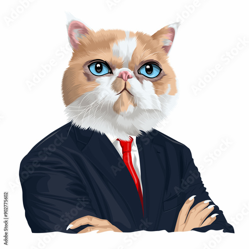 elegant cat wearing a suit crossing his arms vector illustration
