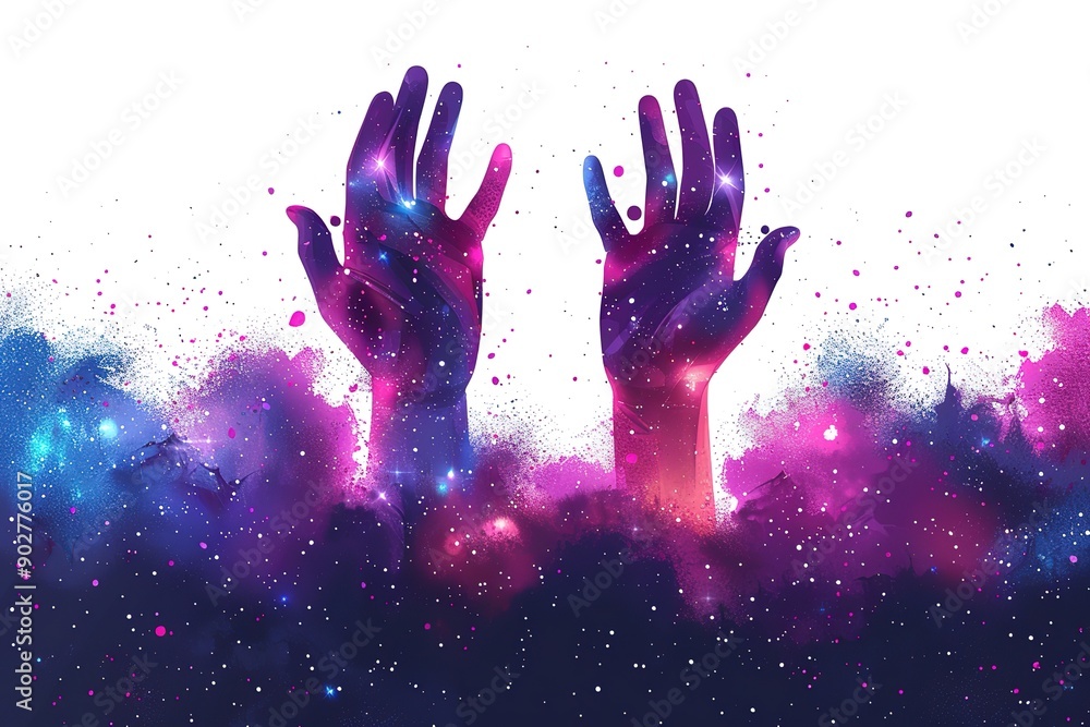 Two hands in a purple and blue galaxy, with a lot of stars