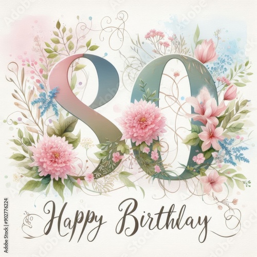 Colorful floral arrangement featuring '80' and 'Happy Birthday' in elegant script. #902776224