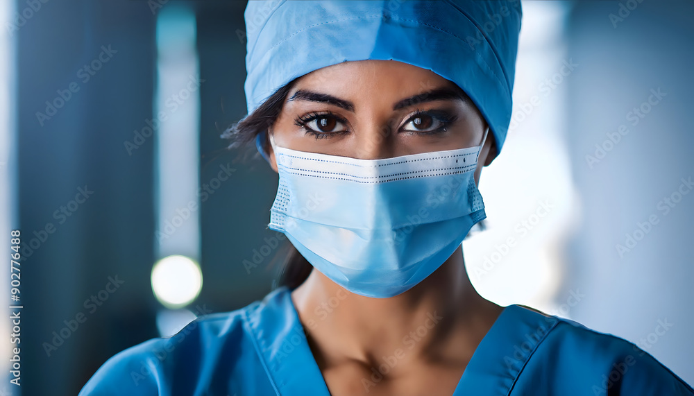 Close-up portrait of female surgeon in blue scrubs, medical mask, head cap, focused expressive Close-up portrait of female surgeon in blue scrubs, medical mask, head cap, focused expressive