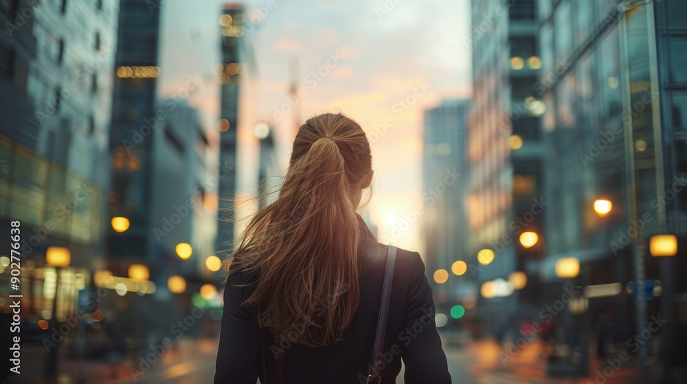 Woman Walking in Modern City at Sunset with Skyscrapers and Lights in Background Woman Walking in Modern City at Sunset with Skyscrapers and Lights in Background